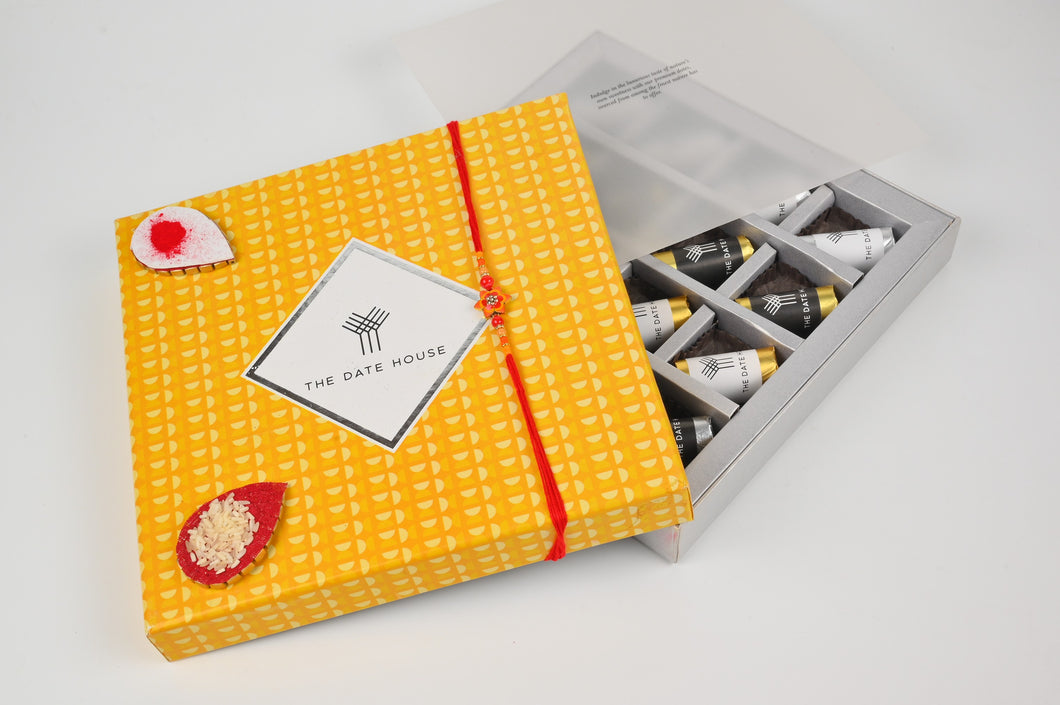 Rakhi Hamper Sunshine Yellow Gift Box Chocolate dates