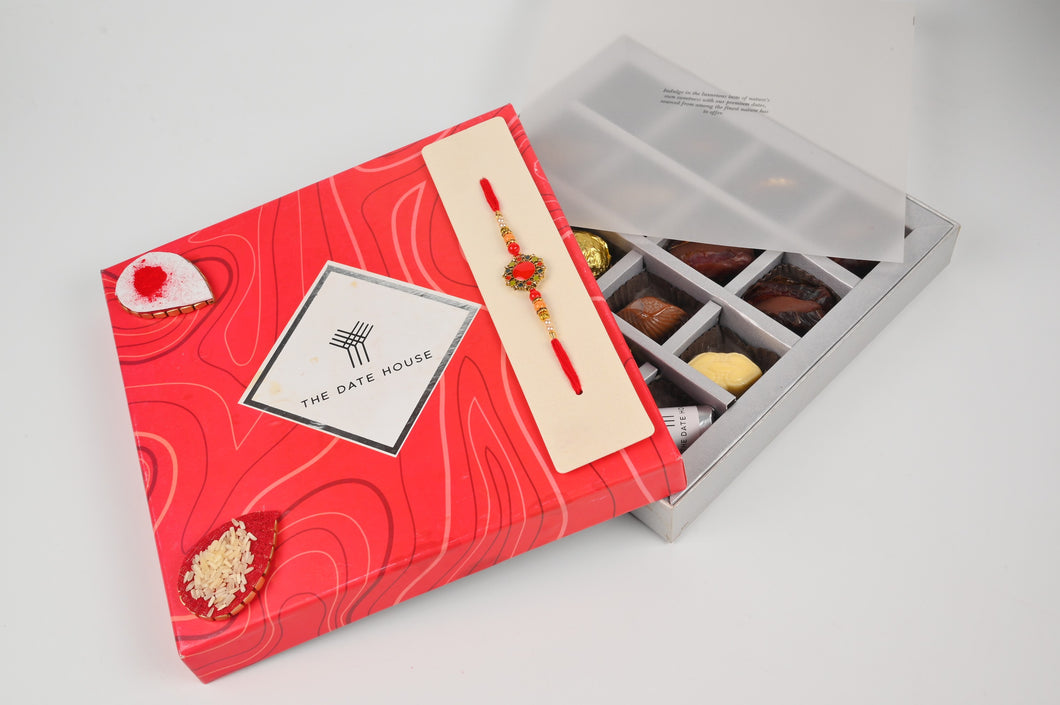 Rakhi Hamper Crimson Red Gift Box Assorted  dates & Chocolates