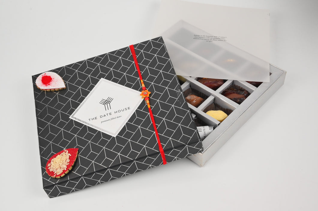 Rakhi Hamper Graphite Black & Silver  Gift Box  Assorted  dates & Chocolates