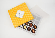 Load image into Gallery viewer, Rakhi Hamper Sunshine Yellow Gift Box  Assorted  dates &amp; Chocolates
